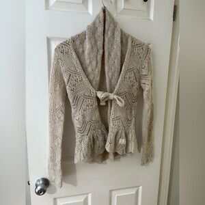 Odd Molly 337 knit crochet alpaca tie cardigan sweater cream ruffle size Medium